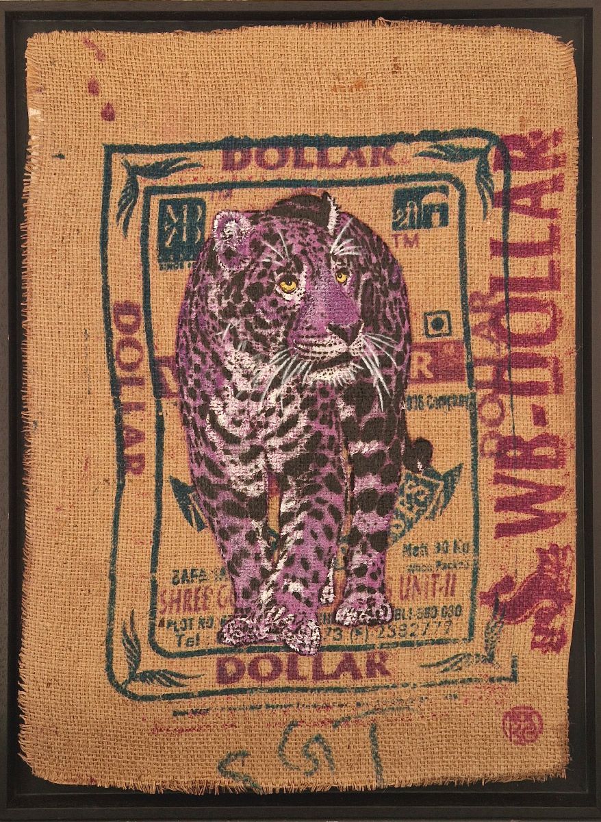 Tableau de MOSKO a pour titre Jaguar violet dollar style street art dim : MOSKOprix:1600