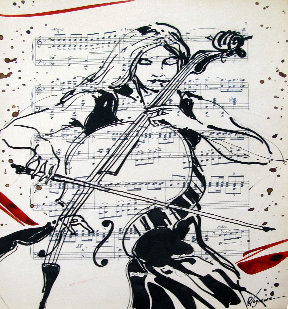 Dessin de CYRIL REGUERRE a pour titre VIOLONCELLISTE style figuratif dim : CYRIL REGUERREprix:90