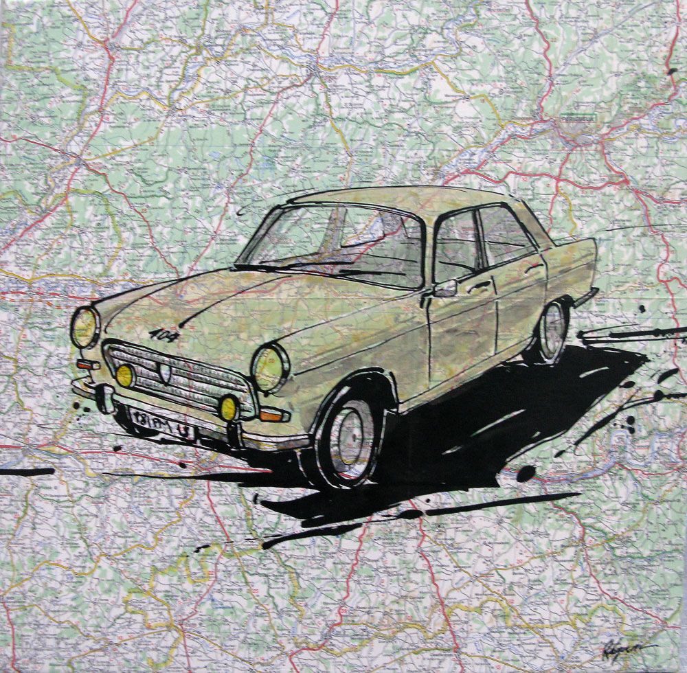 Tableau de CYRIL REGUERRE a pour titre PEUGEOT 404 1960 style figuratif dim : CYRIL REGUERREprix: