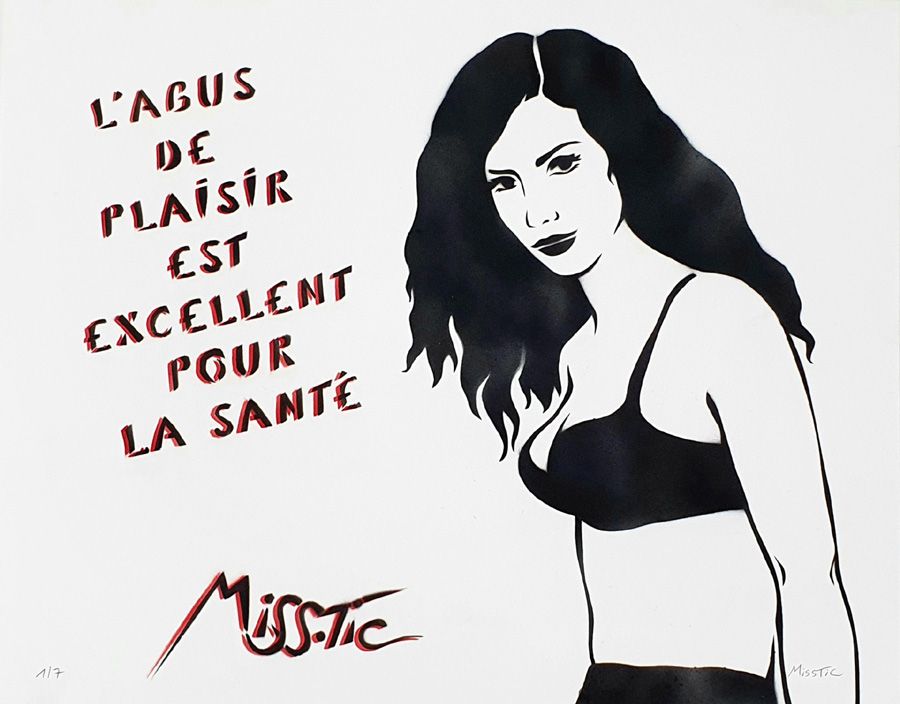 Editions d'art de MISS TIC a pour titre L'ABUS DE PLAISIR EST EXCELLENT POUR LA SANTÉ (aérosol) style figuratif dim : MISS TICprix:5000