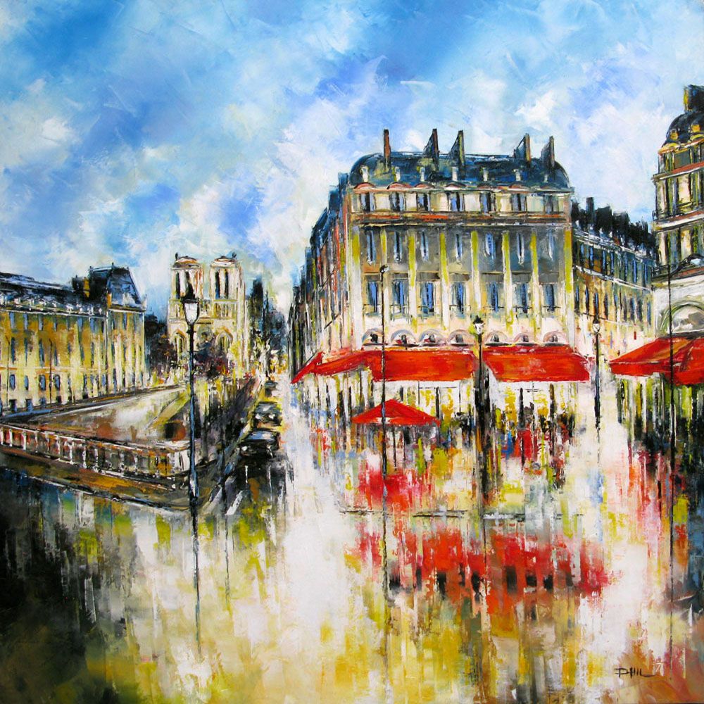 Tableau de PHIL a pour titre Quai St Michel, Paris style figuratif dim : PHILprix:850
