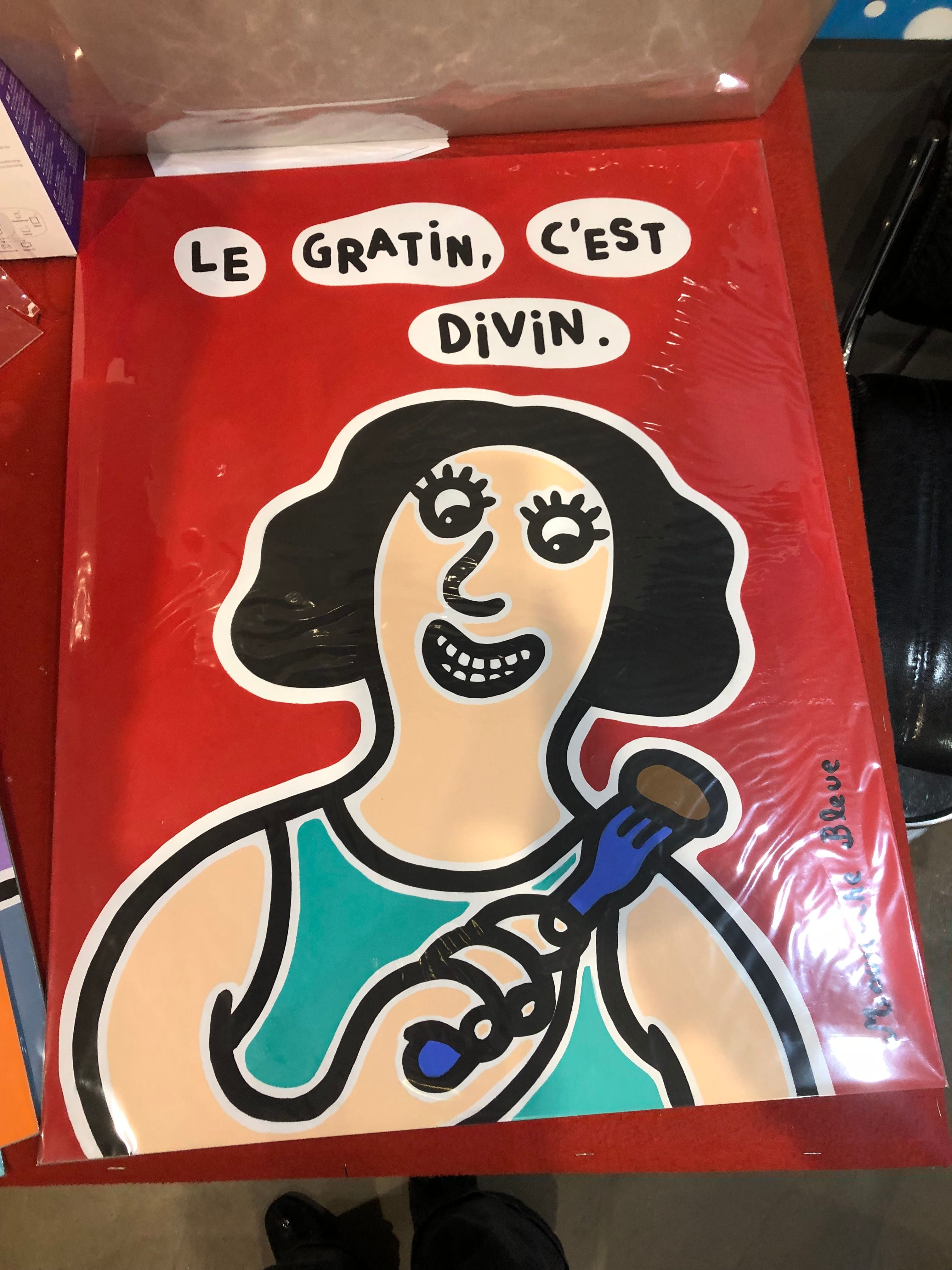 Dessin de MOUSTACHE BLEUE a pour titre Le gratin, c’est divin style figuratif dim : MOUSTACHE BLEUEprix:120
