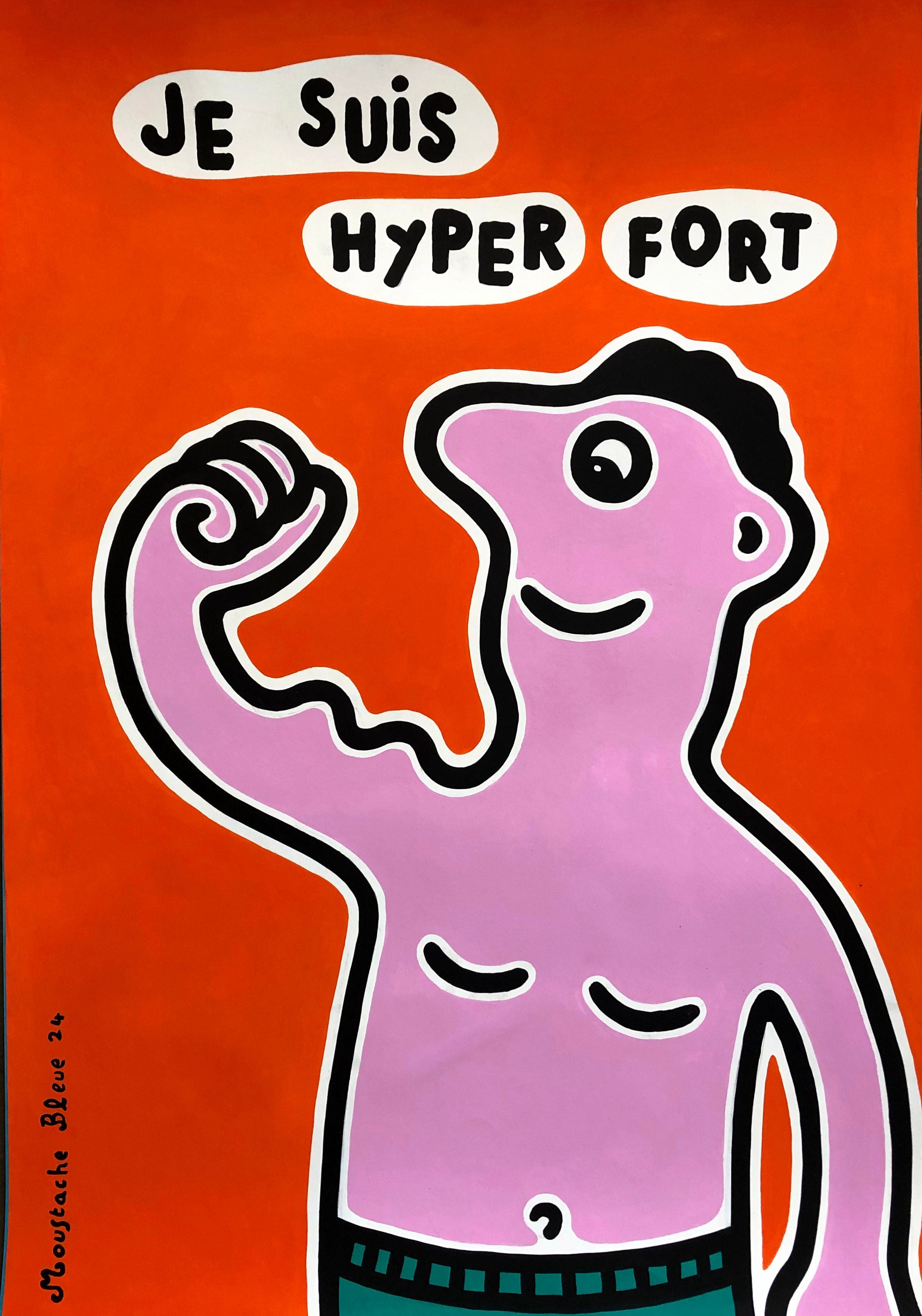 Dessin de MOUSTACHE BLEUE a pour titre Je suis hyper fort style figuratif dim : MOUSTACHE BLEUEprix:220