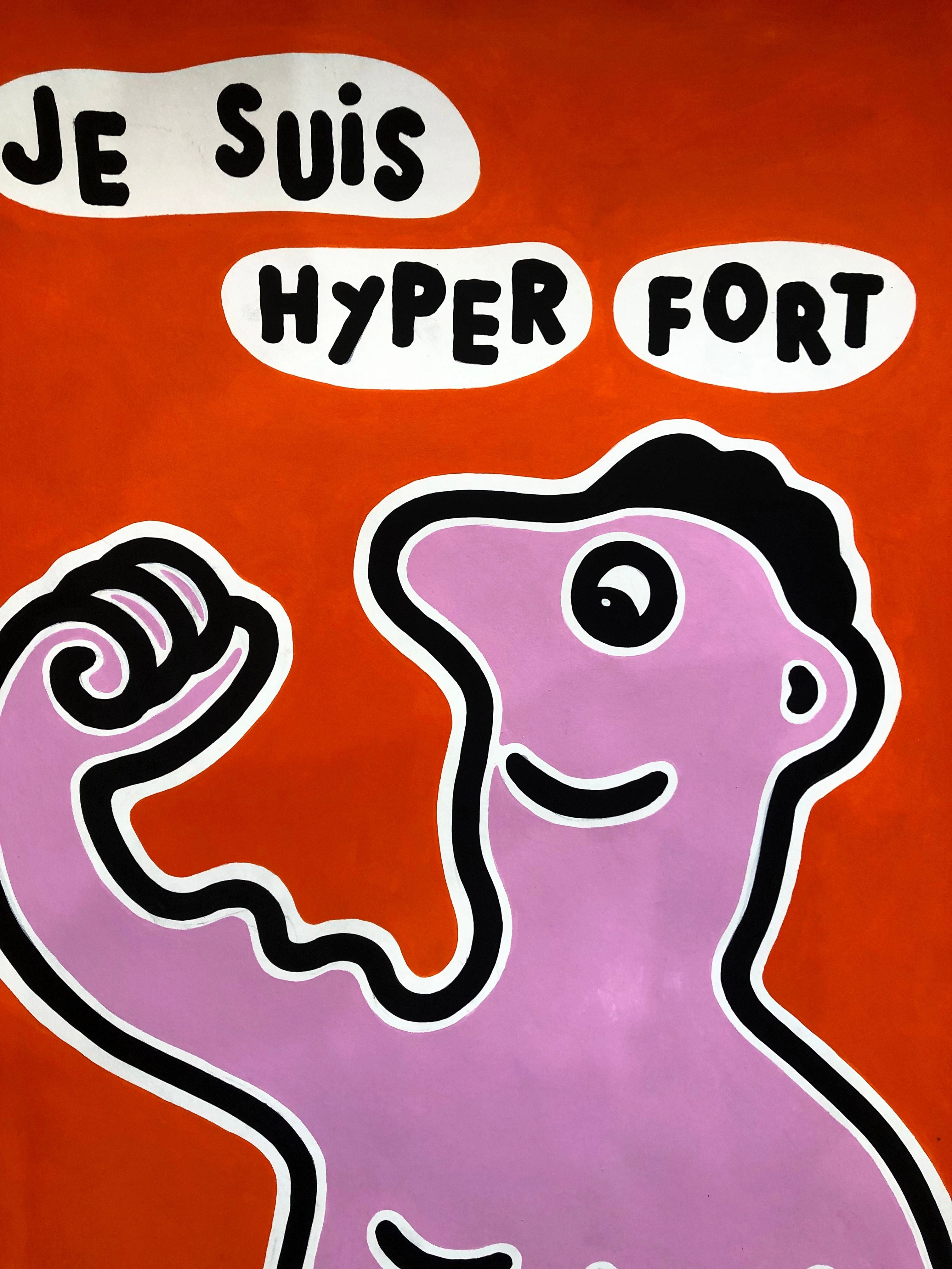 Dessin de MOUSTACHE BLEUE a pour titre Je suis hyper fort style figuratif dim : MOUSTACHE BLEUEprix:220
