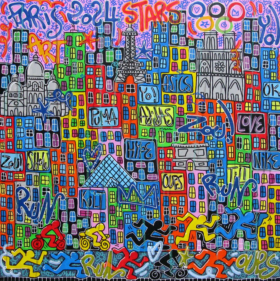 Tableau de RICO SAB a pour titre RUN RUN RUN PARIS style street pop art, street art dim : RICO SABprix:950