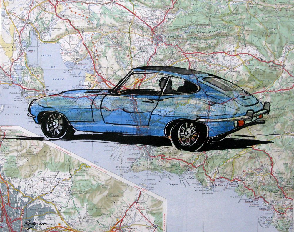 Tableau de CYRIL REGUERRE a pour titre JAGUAR TYPE E style figuratif dim : CYRIL REGUERREprix:250