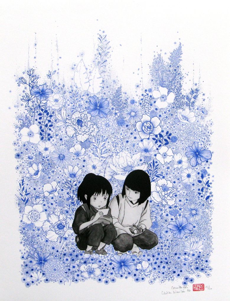 Editions d'art de CAMILLE POLI a pour titre FLOWER CHIHIRO bleu style figuratif, graphique dim : CAMILLE POLIprix:90