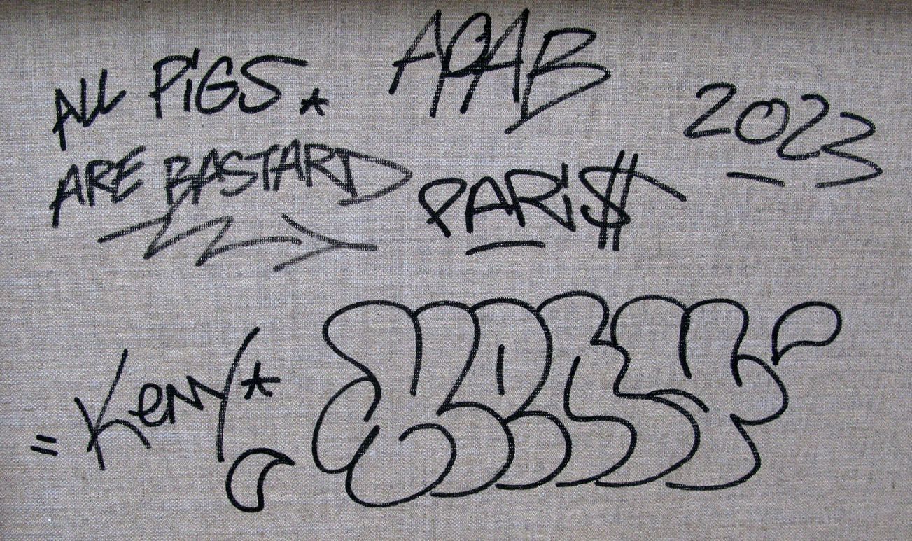 Tableau de KENY a pour titre ALL PIGS ARE BASTARDS style graffiti, street art dim : KENYprix:300