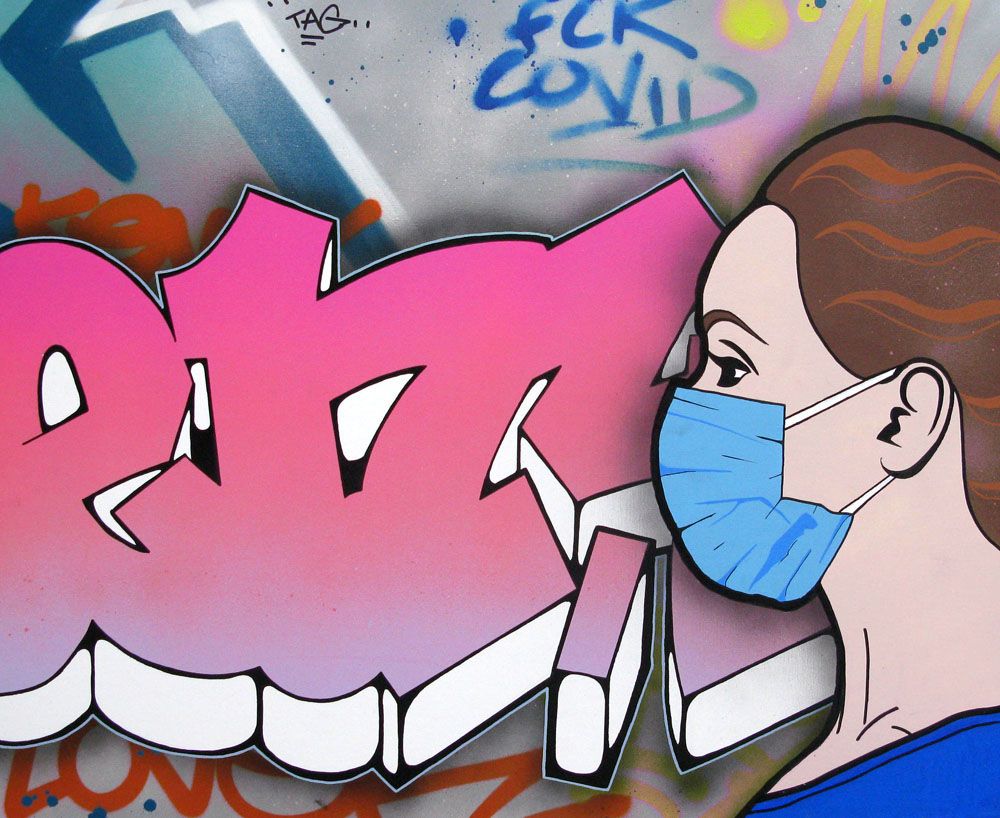 Tableau de KENY a pour titre FUCK COVID style graffiti, street pop art dim : KENYprix:700