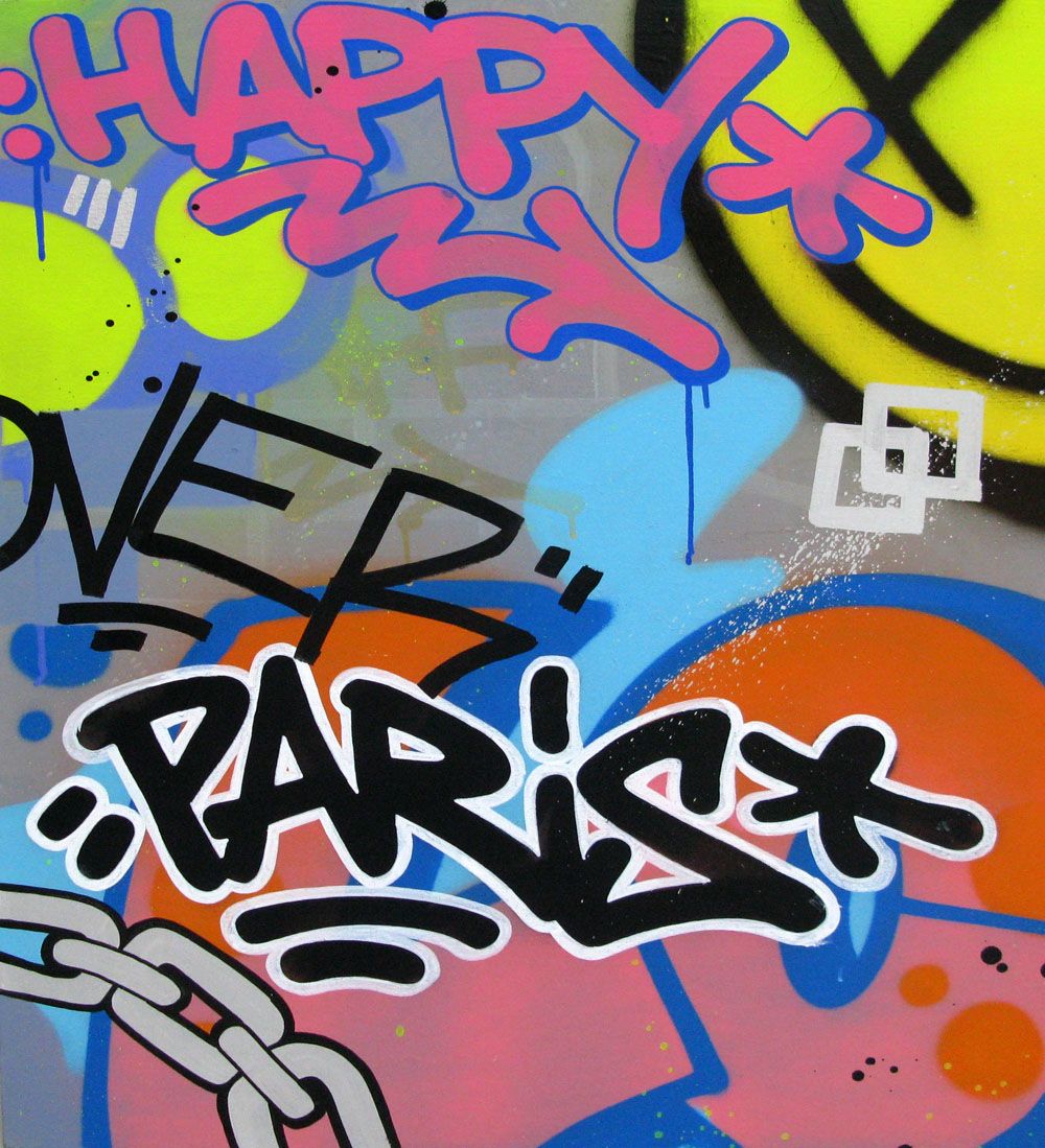 Tableau de KENY a pour titre HAPPY PARIS style graffiti, street art dim : KENYprix:550