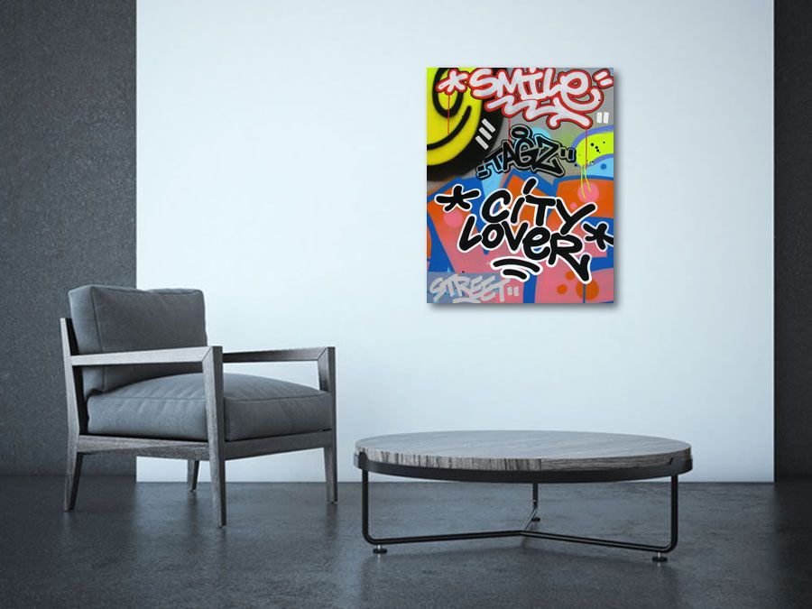 Tableau de KENY a pour titre CITY LOVER style graffiti, street art dim : KENYprix:550