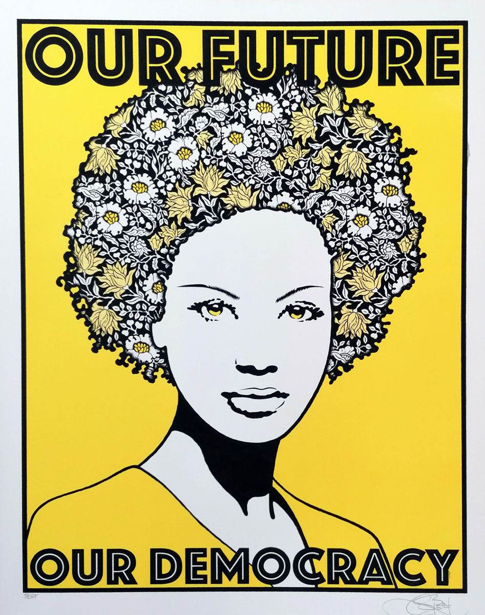 Editions d'art de CHUCK SPERRY a pour titre OUR FUTURE , OUR DEMOCRACY TEST JAUNE style figuratif dim : CHUCK SPERRYprix:600