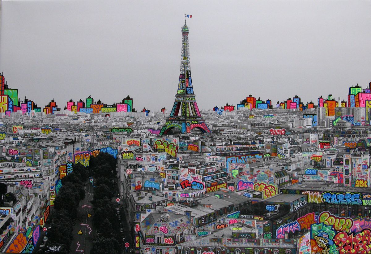 Editions d'art de BLACH a pour titre Paris panoramique en noir et blanc style graffiti, street pop art dim : BLACHprix:1500