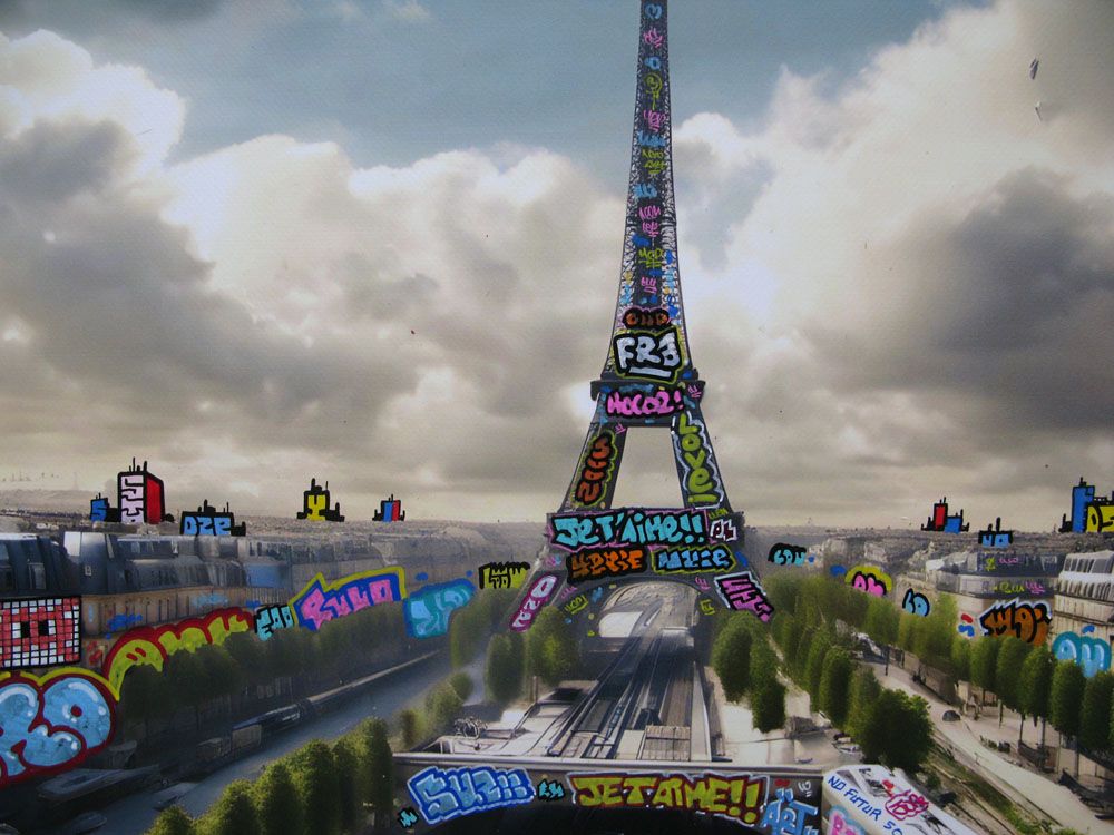 Tableau de BLACH a pour titre Paris train 3052 style graffiti, street art dim : BLACHprix:450