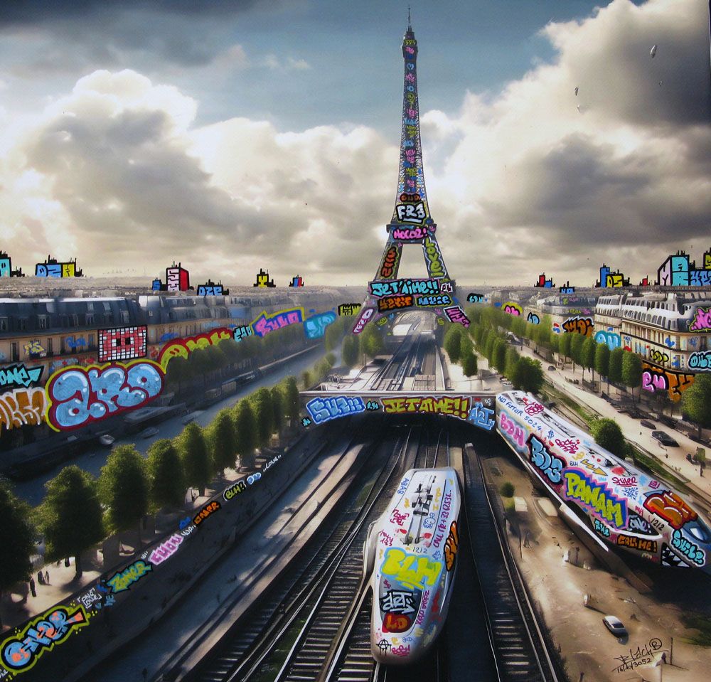 Tableau de BLACH a pour titre Paris train 3052 style graffiti, street art dim : BLACHprix:450