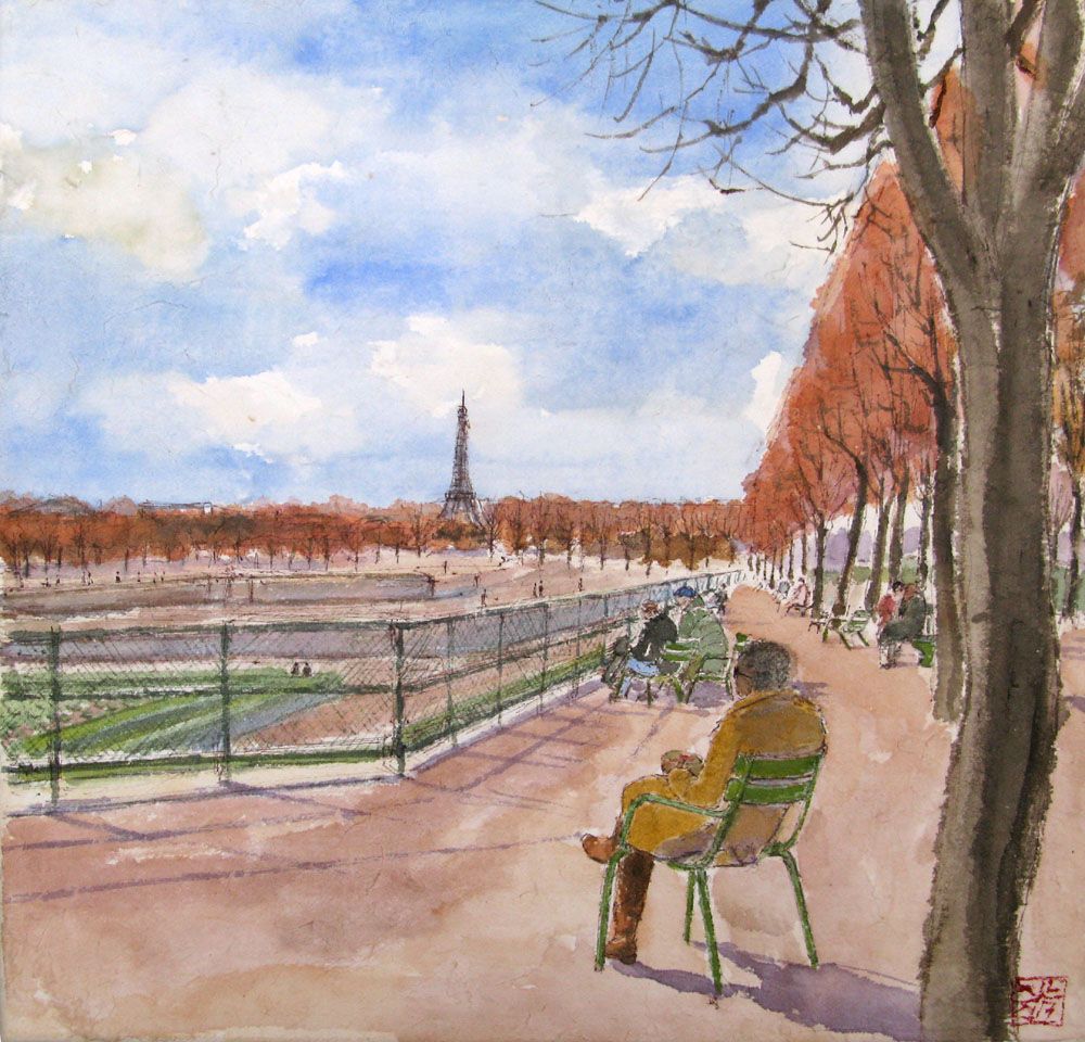 Tableau de JEONG MIN LEE a pour titre Pause méridienne au jardin des Tuileries style figuratif dim : JEONG MIN LEEprix:160