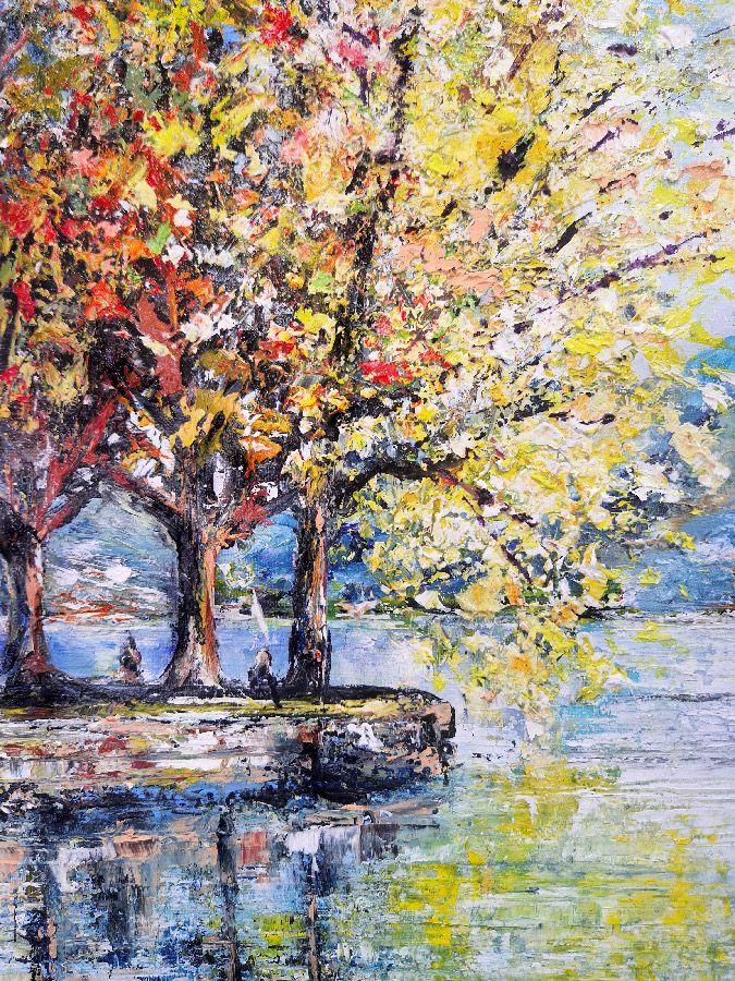 Tableau de PHIL a pour titre Rives du lac d'Annecy style figuratif dim : PHILprix:250