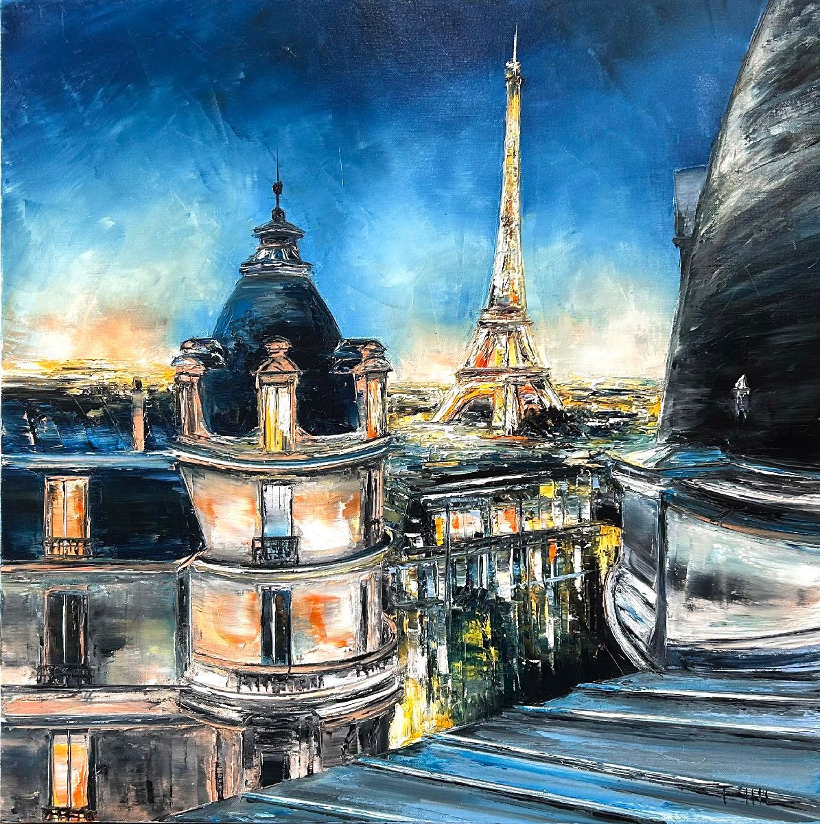 Tableau de PHIL a pour titre Sur les toits de Paris style figuratif dim : PHILprix:350