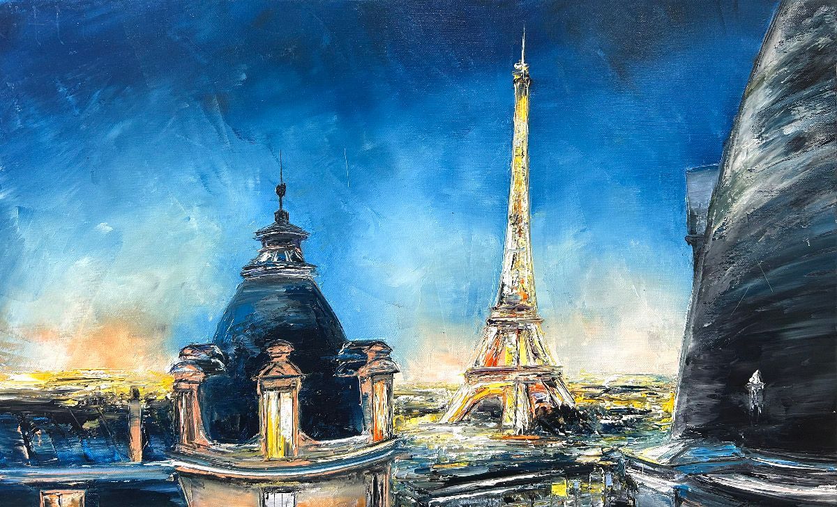 Tableau de PHIL a pour titre Sur les toits de Paris style figuratif dim : PHILprix:350
