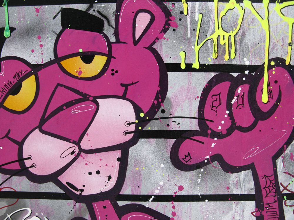 Tableau de JUG a pour titre PINK JAIL style street pop art dim : JUGprix:700