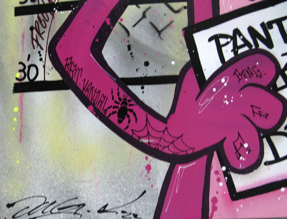 Tableau de JUG a pour titre PINK JAIL style street pop art dim : JUGprix:700