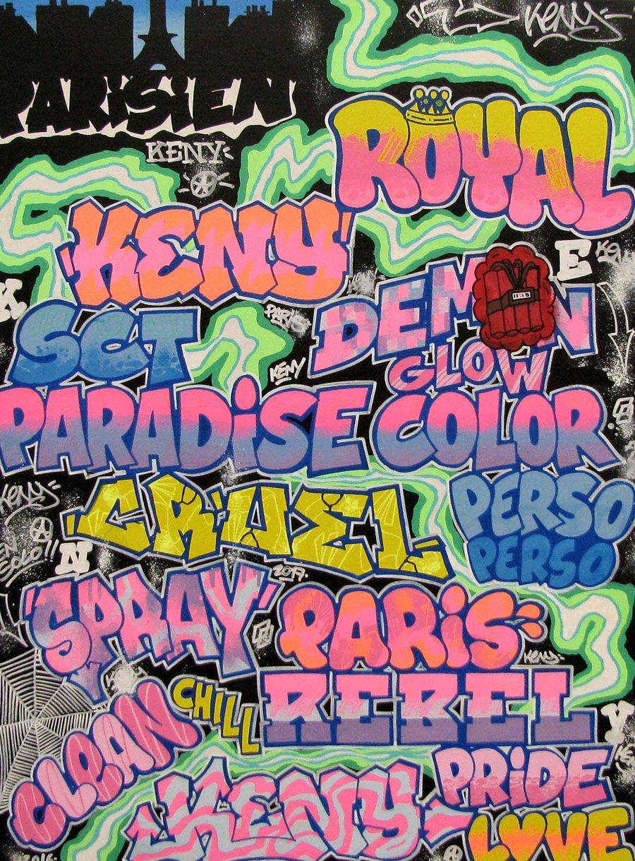 Tableau de KENY a pour titre PARIS style graffiti, street art dim : KENYprix:450