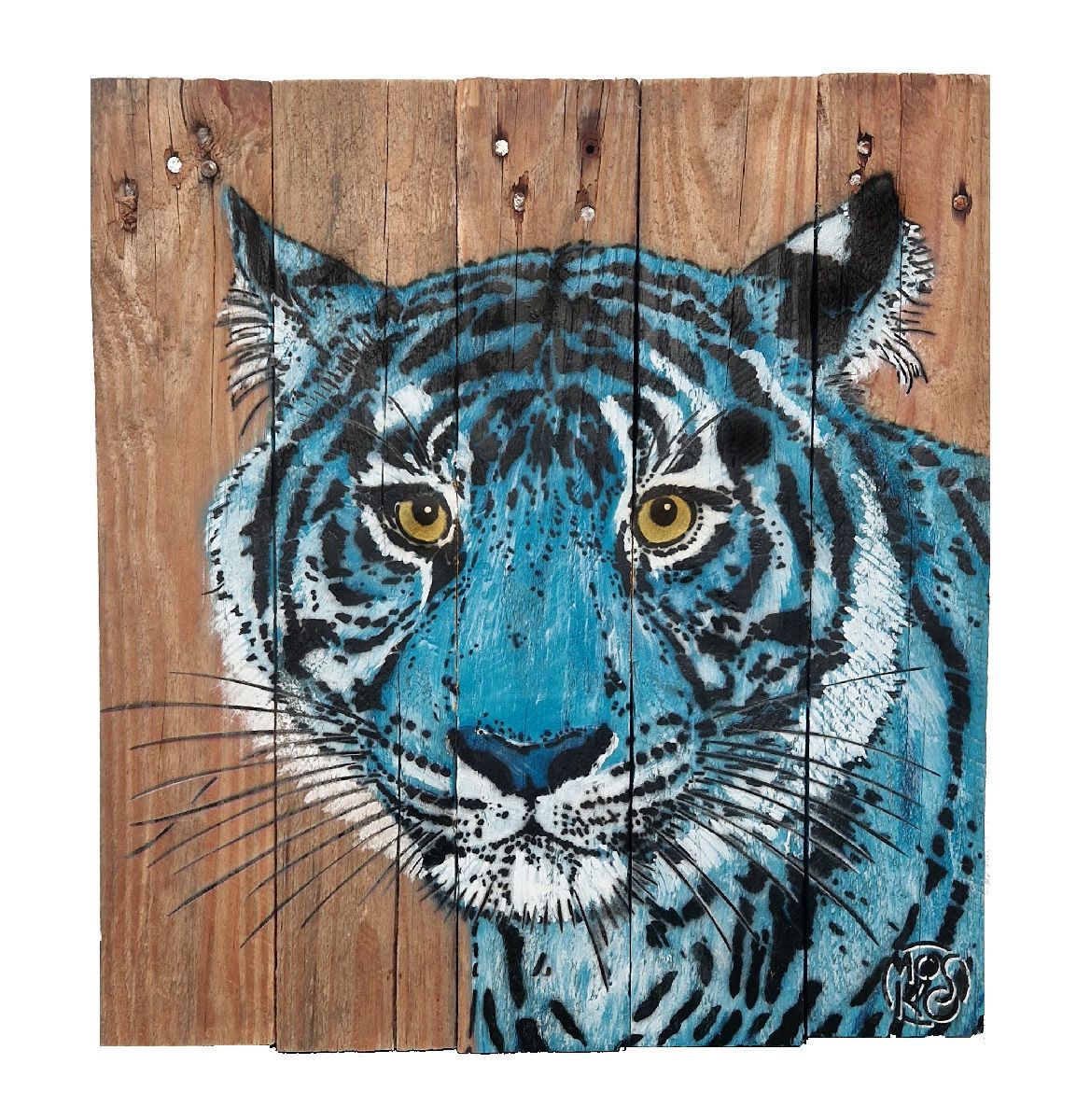 Tableau de MOSKO a pour titre Buste tigre bleu style street art dim : MOSKOprix:850