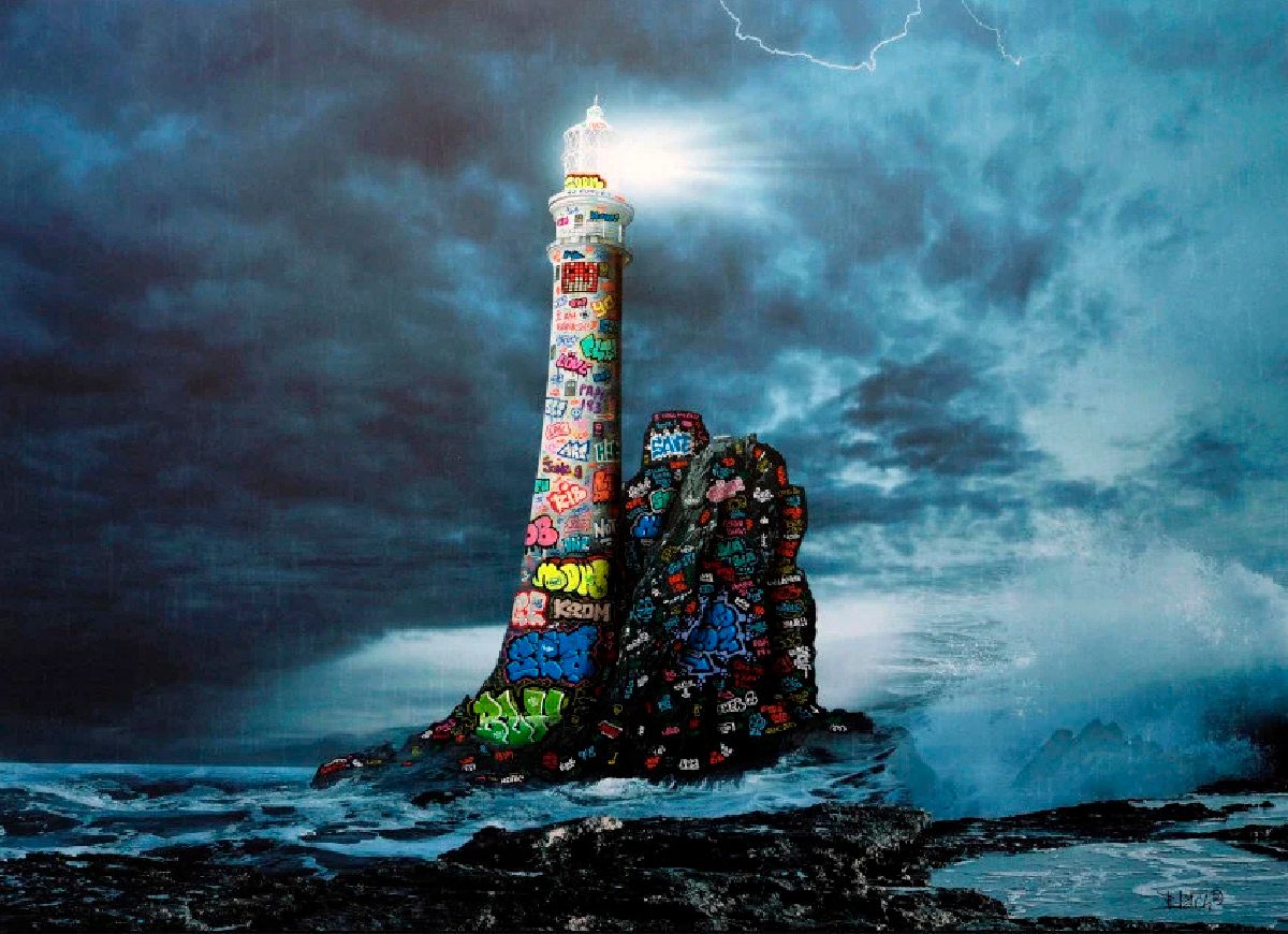 Editions d'art de BLACH a pour titre Le phare sous la tempête style street art dim : BLACHprix:100