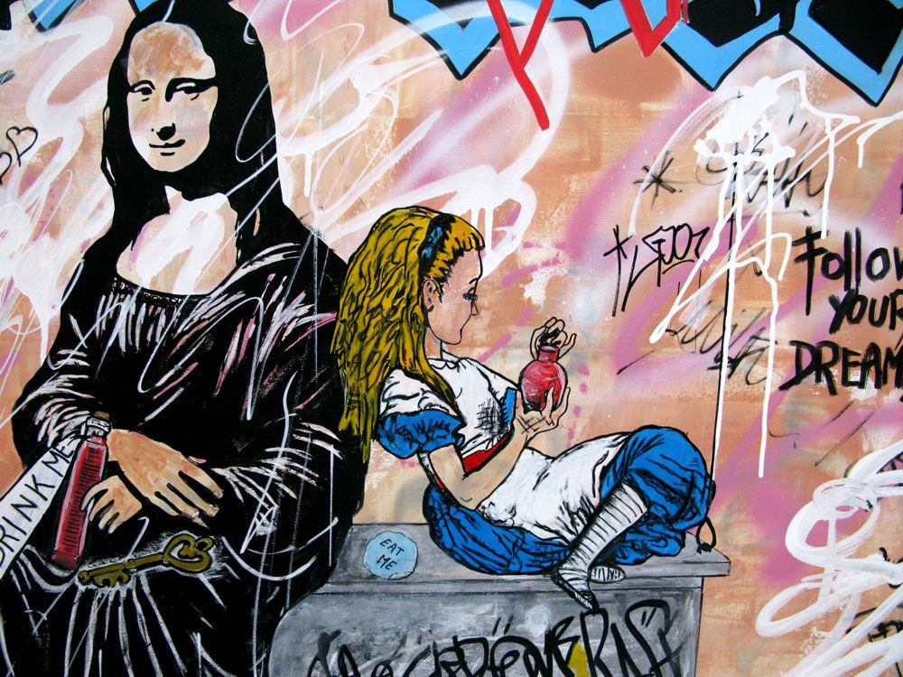 Tableau de PATRICIA GADISSEUR a pour titre We are all mad here style graffiti, street pop art dim : PATRICIA GADISSEURprix:1500