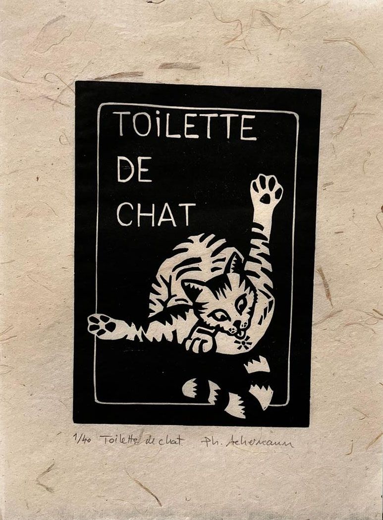 Editions d'art de PHILIPPE ACHERMANN a pour titre Toilette de chat style figuratif, graphique dim : PHILIPPE ACHERMANNprix:40