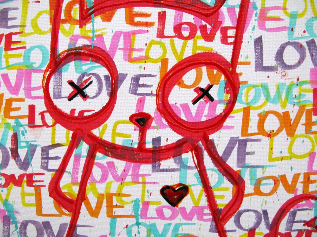 Tableau de LUSSY a pour titre cat love blanc style graffiti, street pop art dim : LUSSYprix:110