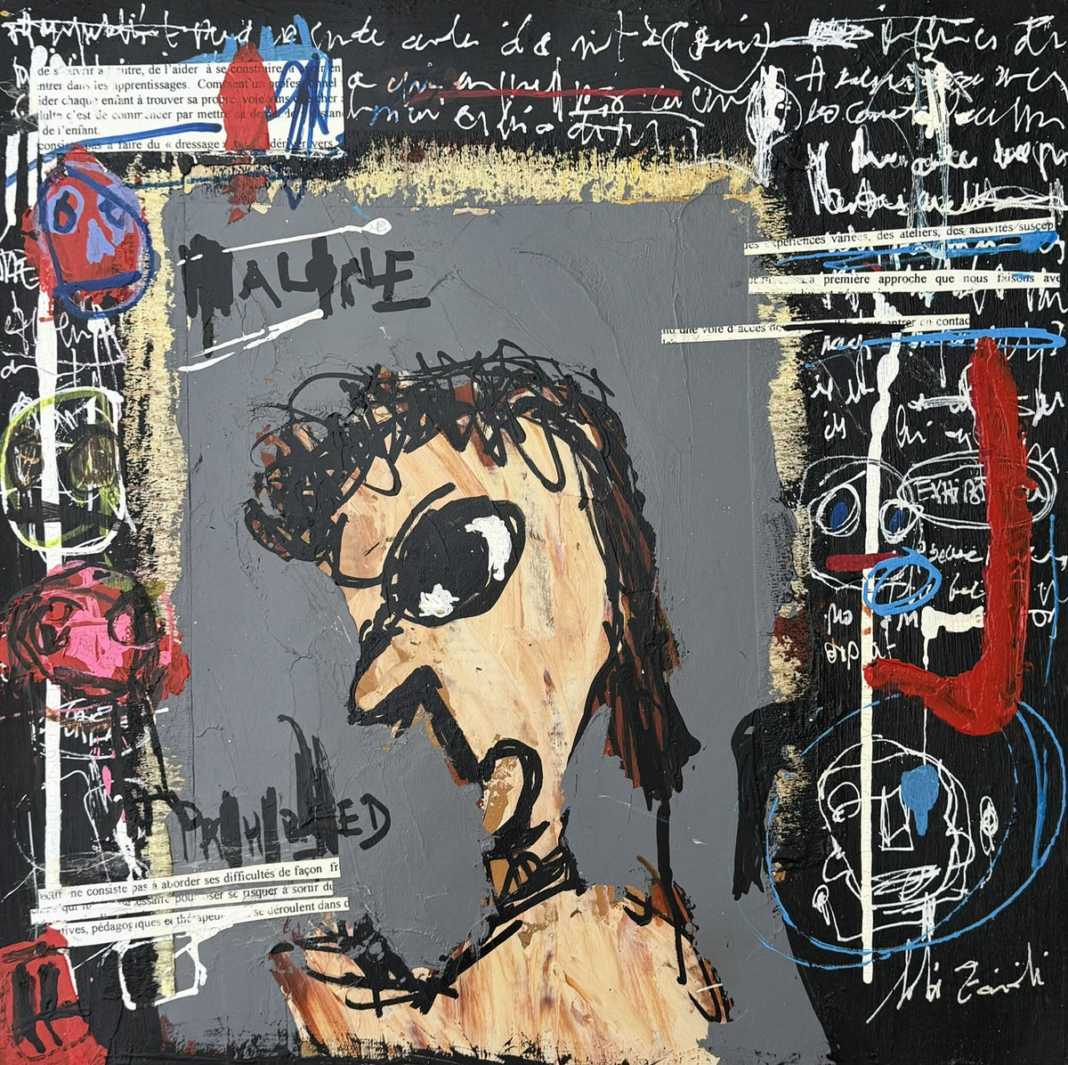 Dessin acrylique et technique mixte sur carton de Larbi Zaidi, Exhibition VI, 36 x 36 cm, tons gris et noir