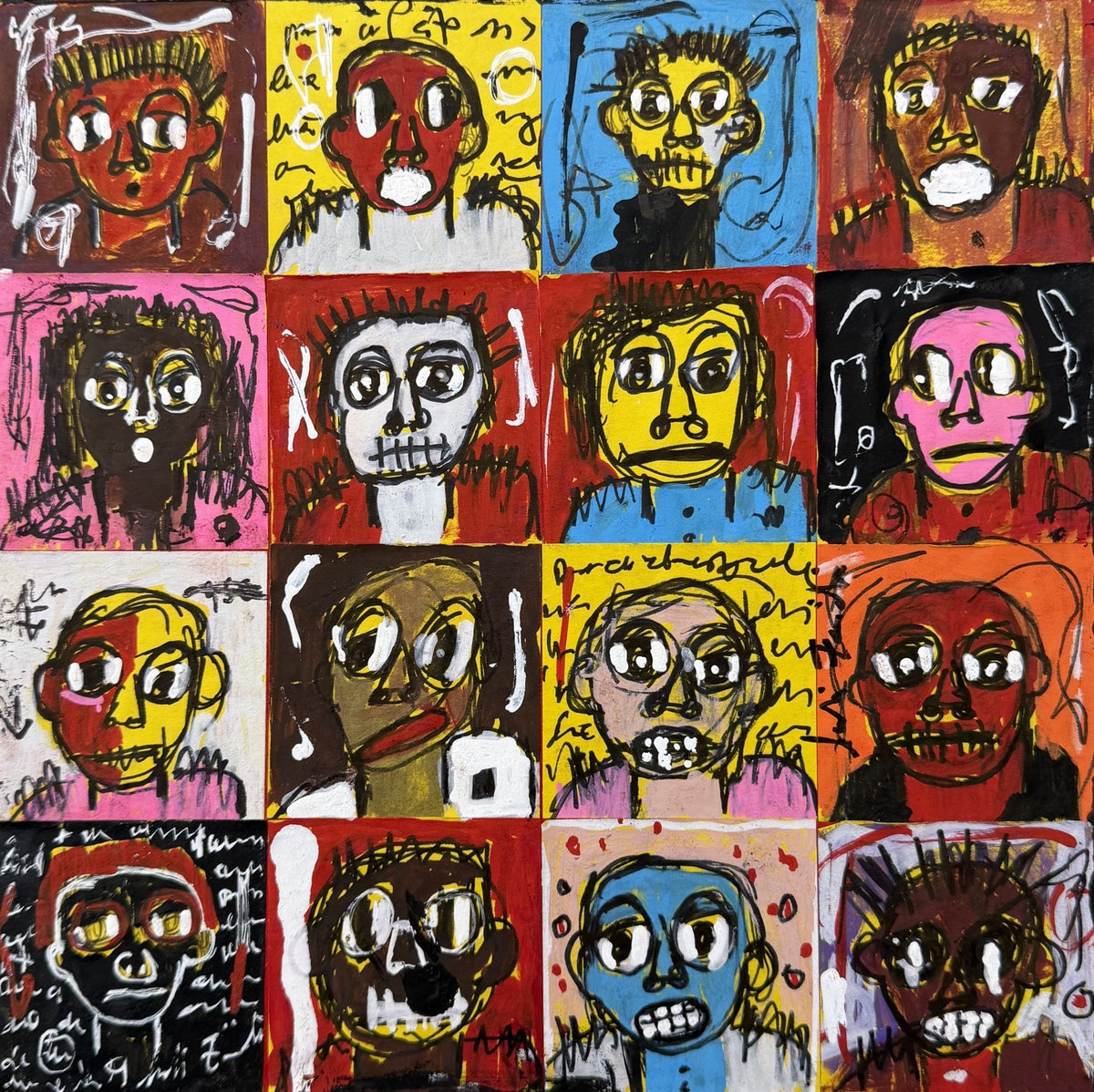 Dessin acrylique et technique mixte sur carton de Larbi Zaidi, petit format rouge et blanc, art brut