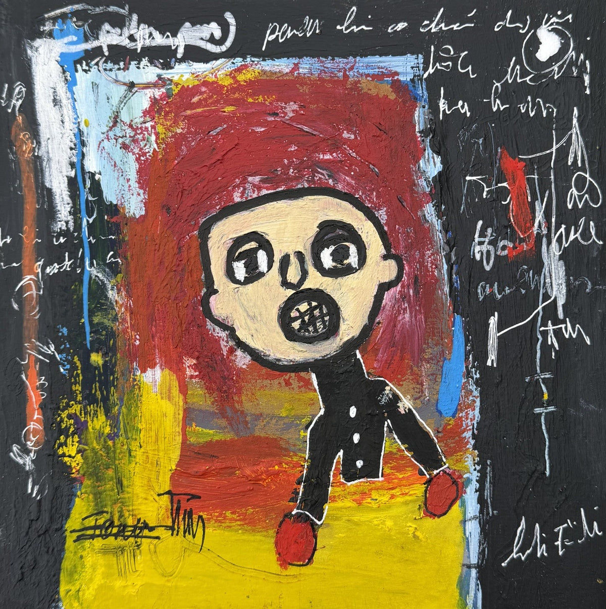 Dessin de Larbi Zaidi, technique mixte acrylique sur carton, petit format 19 x 19 cm, rouge et jaune