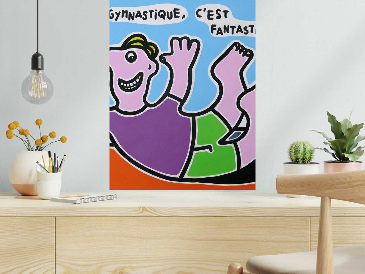 Dessin La gymnastique c'est fantastique ! de MOUSTACHE BLEUE dans un intérieur – 50 × 65 cm