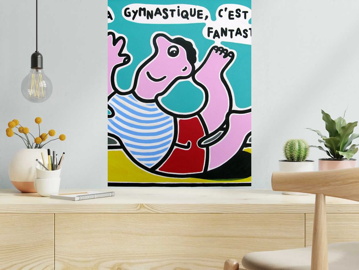 Dessin La gymnastique, c'est fantastique! de MOUSTACHE BLEUE dans un intérieur – 50 × 65 cm