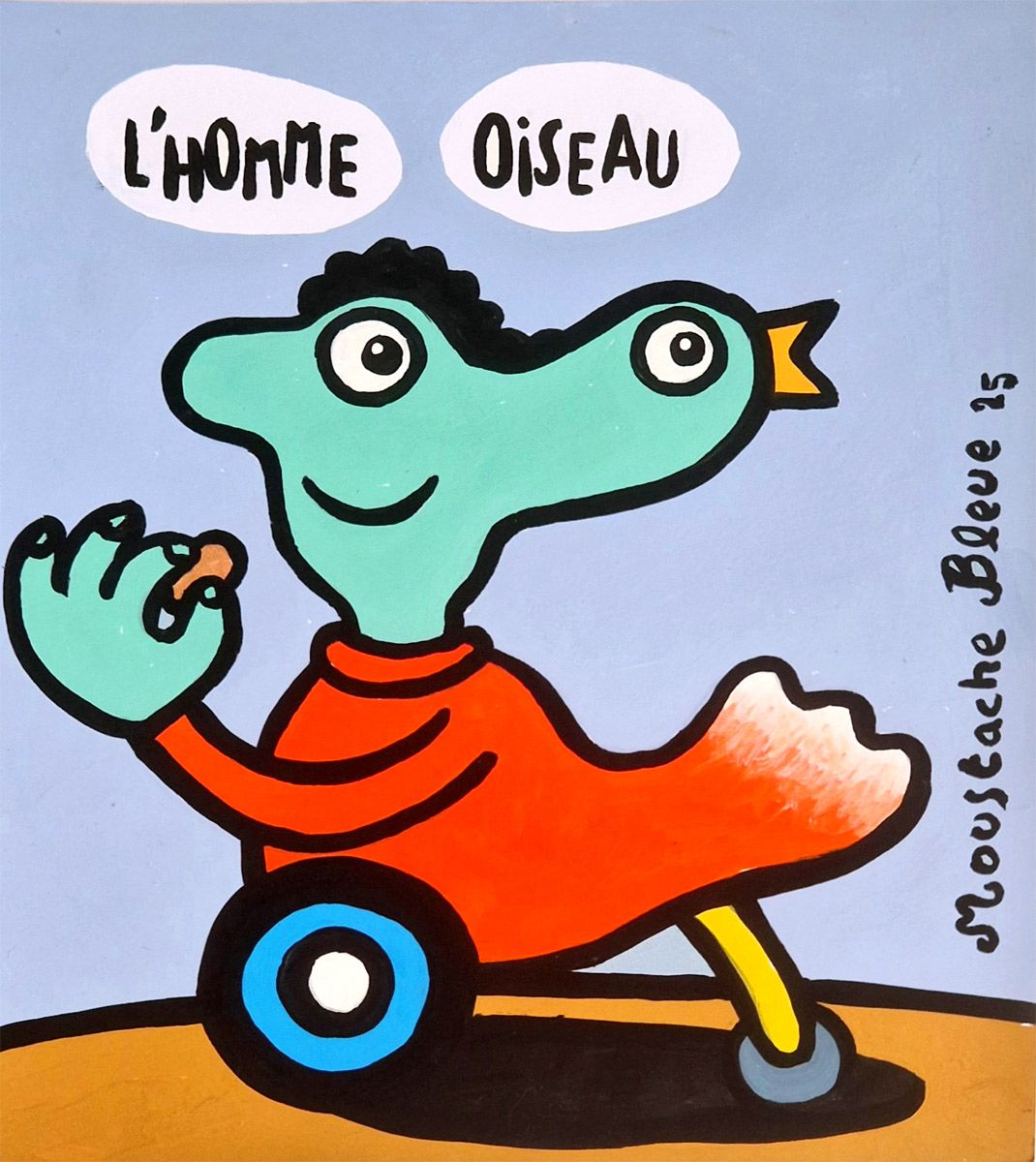 Dessin figuratif petit format bleu L'homme oiseau – MOUSTACHE BLEUE – 21 × 25 cm