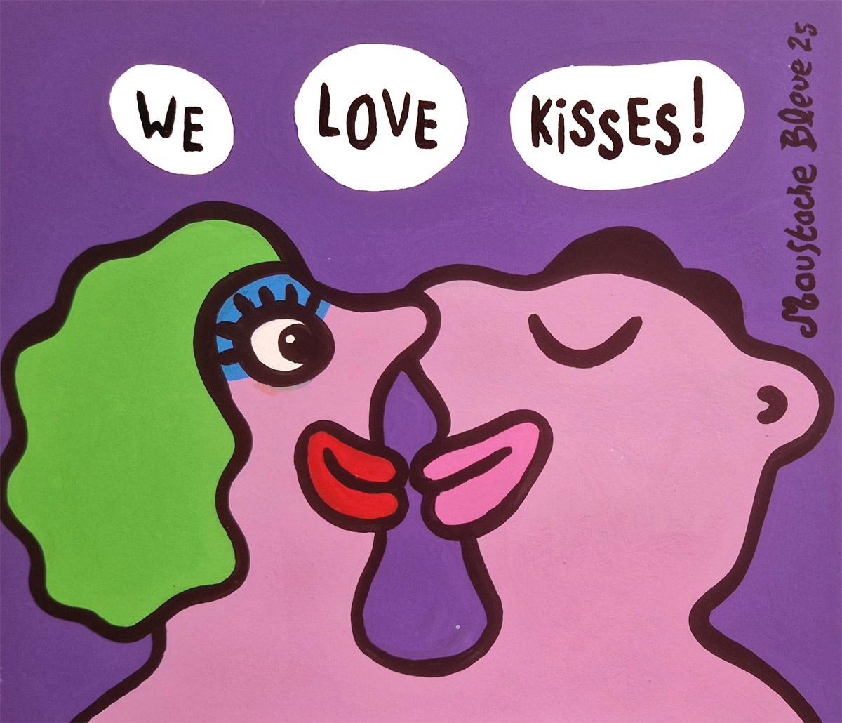 Dessin figuratif petit format bleu We love kisses ! – MOUSTACHE BLEUE – 25 × 21 cm