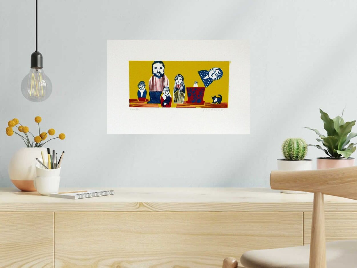 Dessin FAMILLES de JULIA CHAUSSON dans un intérieur – 33 × 50 cm
