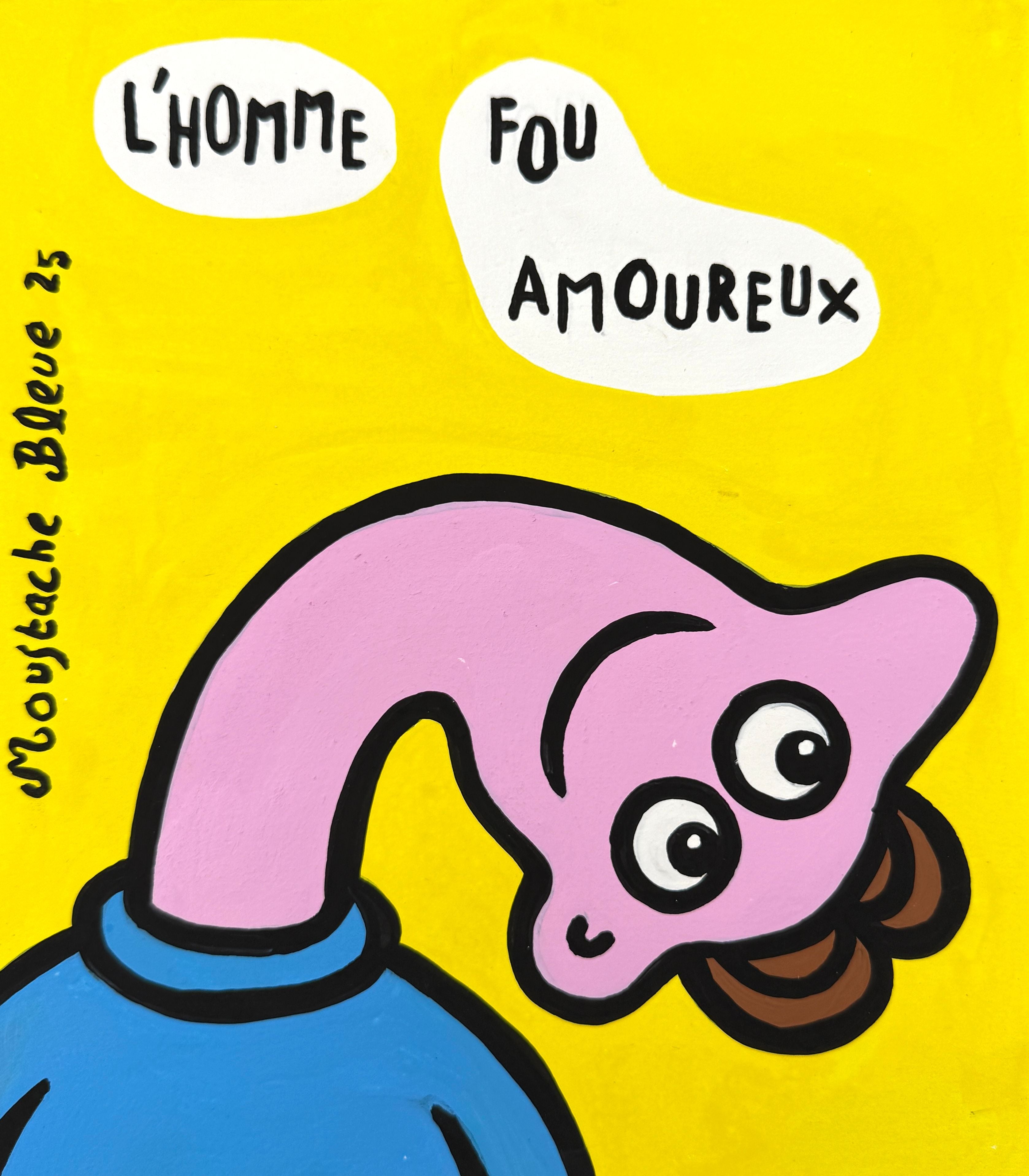 Dessin figuratif petit format L'homme fou amoureux – MOUSTACHE BLEUE – 21 × 25 cm