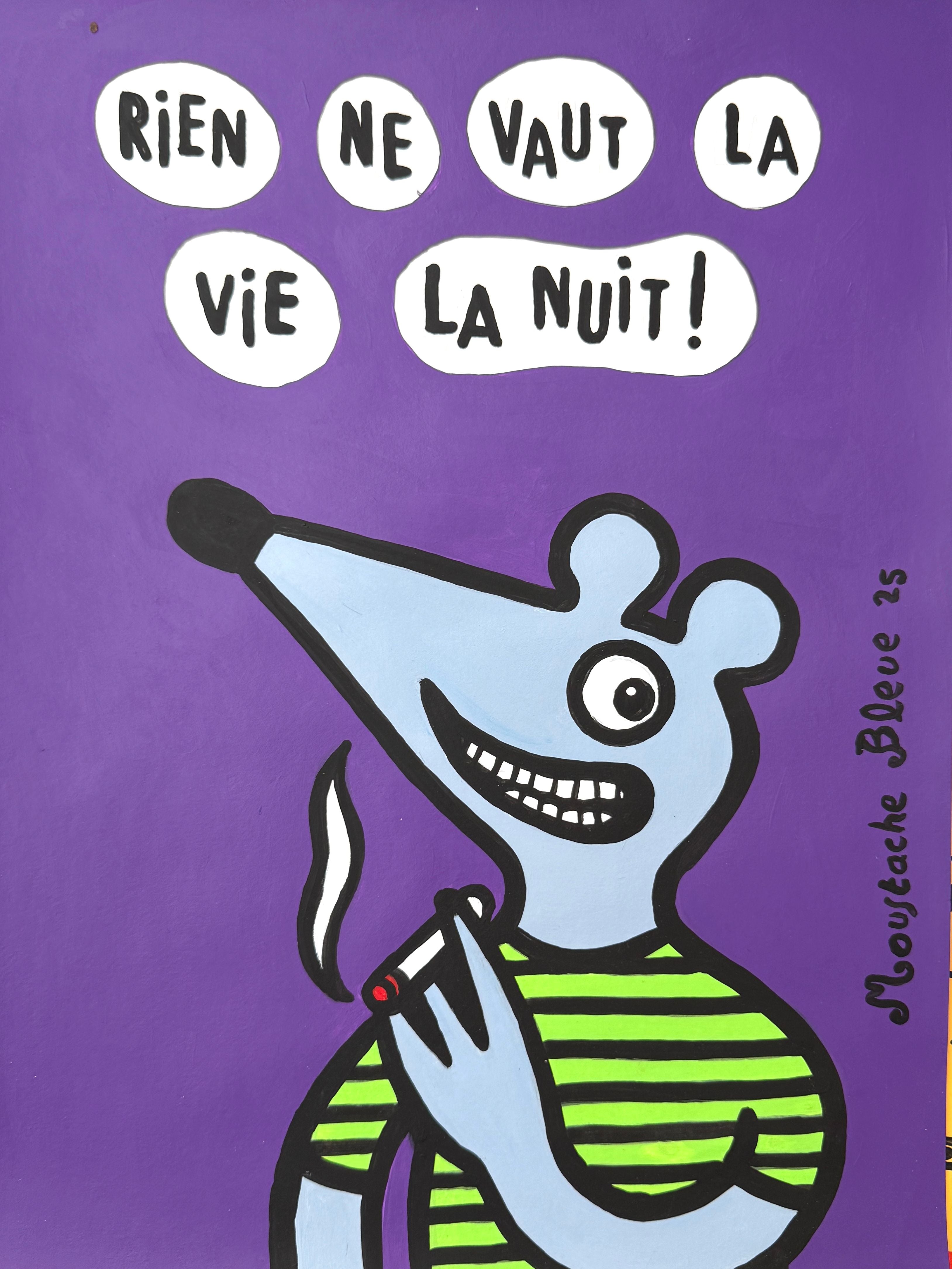 Dessin figuratif petit format Rien ne vaut la vie la nuit ! – MOUSTACHE BLEUE – 30 × 40 cm