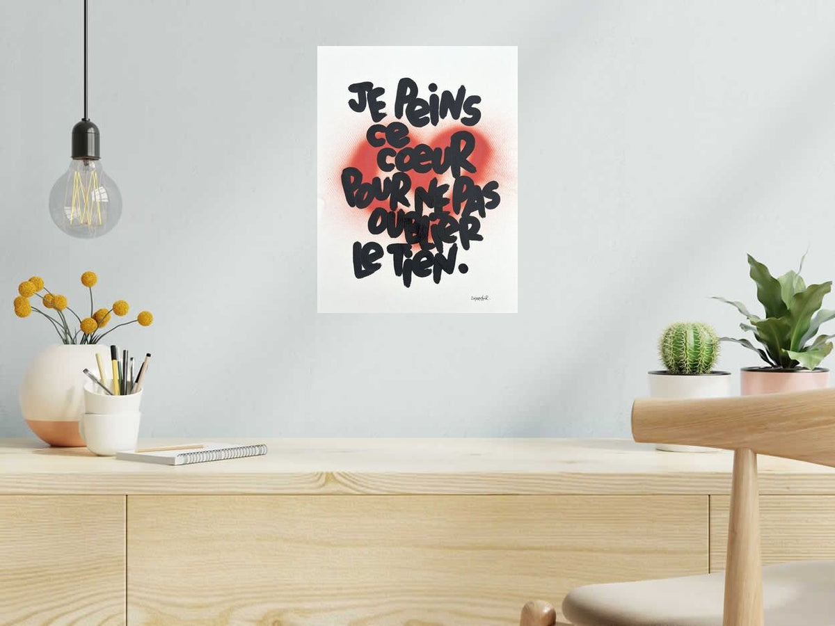 Dessin Je peins ce coeur de L'OISEAU NOIR dans un intérieur – 30 × 40 cm