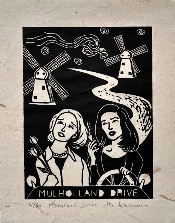Dessin graphique petit format noir MULHOLLAND DRIVE – PHILIPPE ACHERMANN – 18 × 24 cm