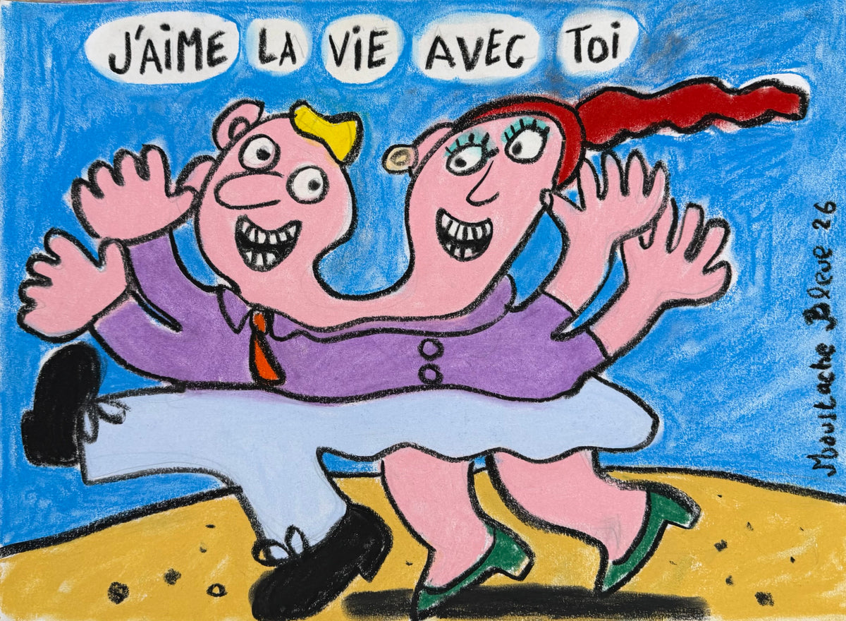Dessin au pastel bleu sur papier de Moustache Bleue, petit format 30 x 40 cm, style illustration