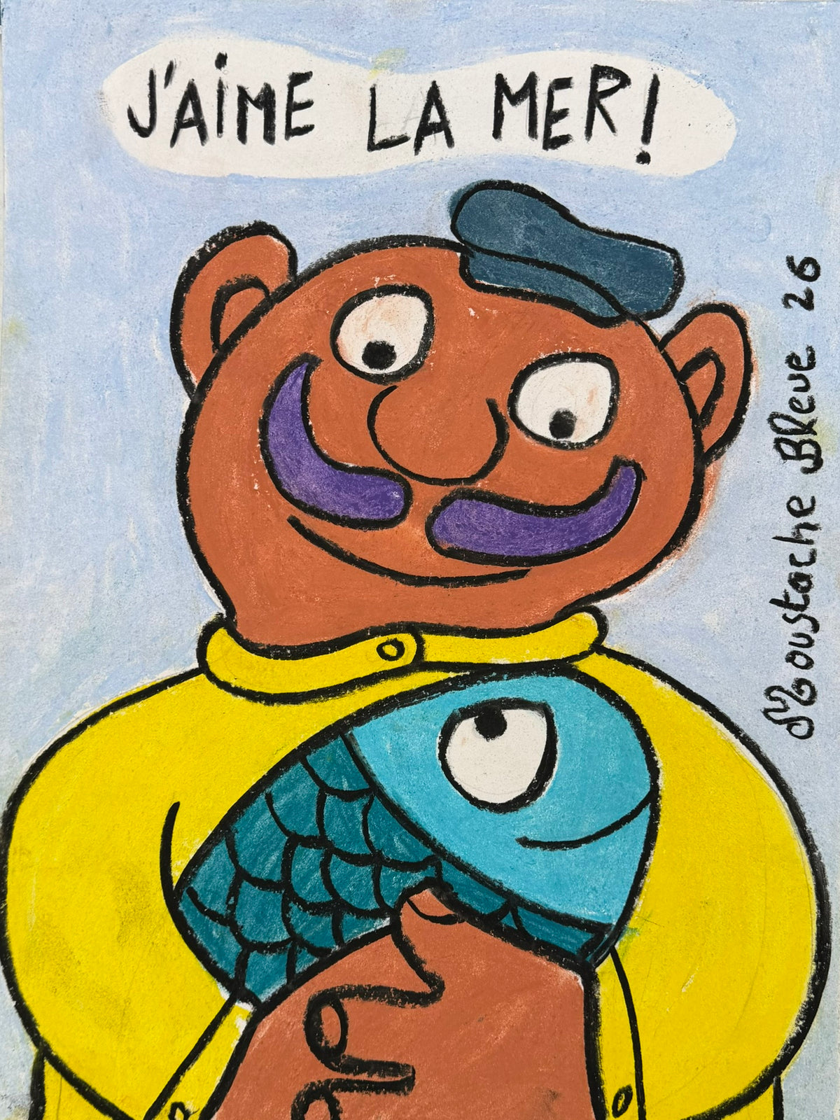Dessin au pastel bleu et jaune intitulé J'aime la mer ! par Moustache Bleue, 30 x 40 cm