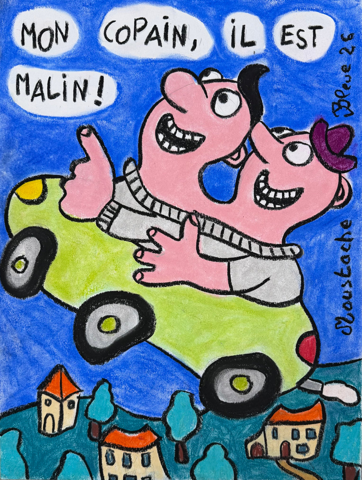 Dessin au pastel sur papier de Moustache Bleue, petit format 30 x 40 cm, style illustration