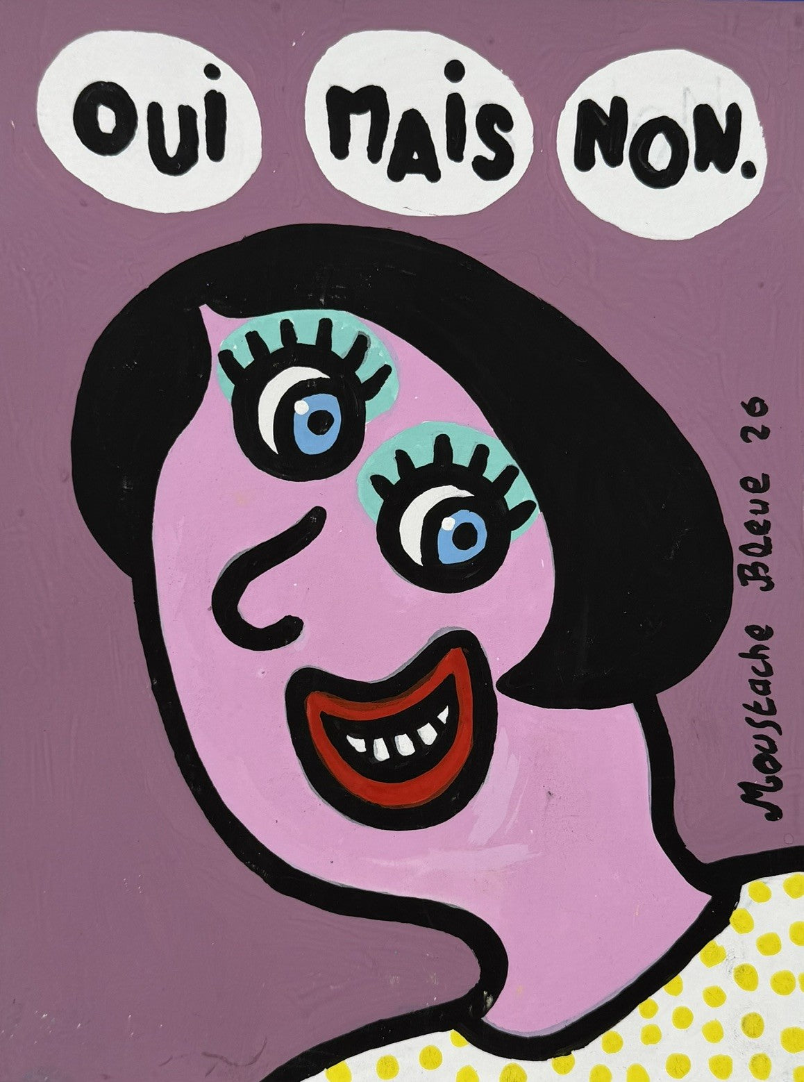 Dessin acrylique sur papier rose de Moustache Bleue, petit format 16 x 21 cm, style illustration
