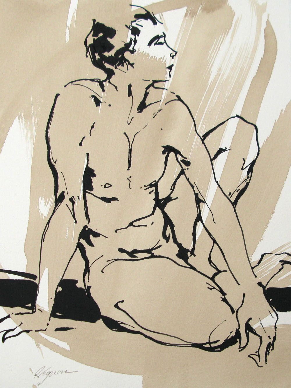Dessin petit format HOMME NU ASSIS – CYRIL REGUERRE – 30 × 40 cm