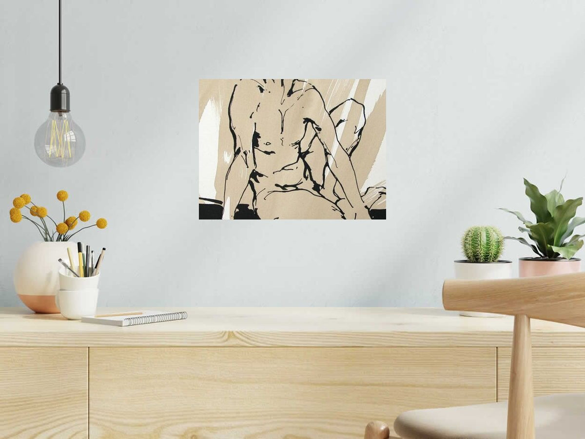 Dessin HOMME NU ASSIS de CYRIL REGUERRE dans un intérieur – 30 × 40 cm