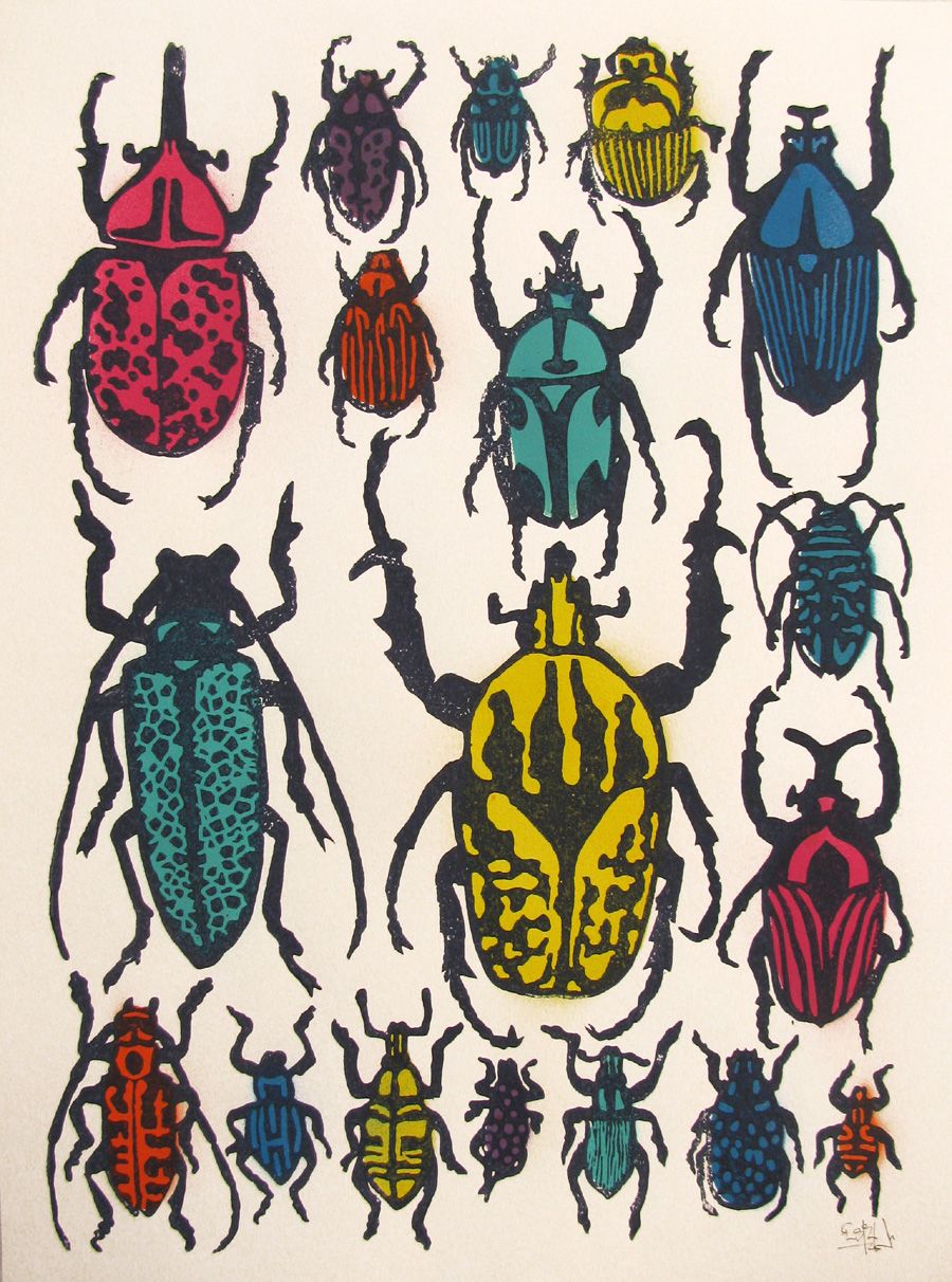 edition d art linogravure et aérosol sur papier représentant des animaux par OSRU, 30 x 40 cm